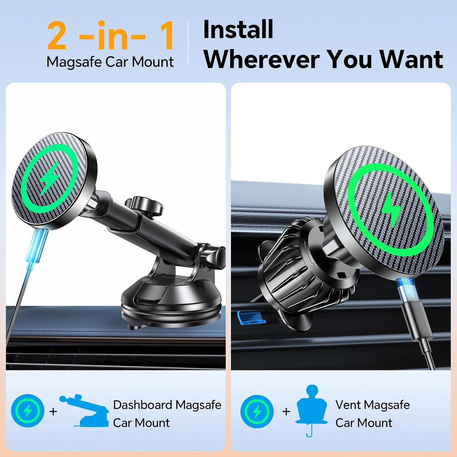 for Magsafe Car Mount Charger【Ultra Magnet】 Magnetic Phone Holders for Your Car Charger【Windshield+Vent+Dash】 Magnetic Wireless Car Phone Holder Charger Car Mount for Iphone 17 (Carbon Fiber)