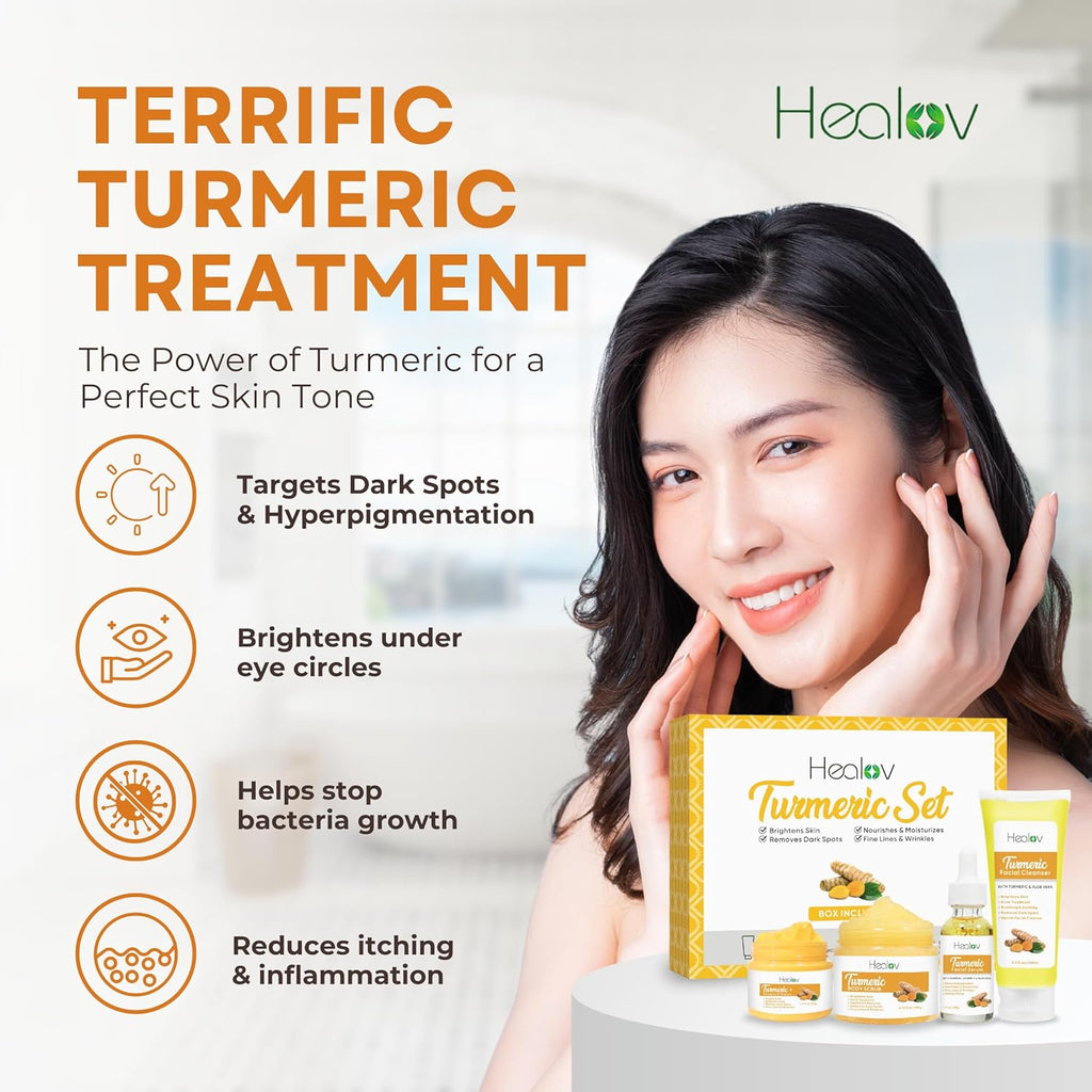 Turmeric Skincare Set – Turmeric Face Cleanser, Body Scrub, Cream & Facial Serum – Skin Brightening Hyperpigmentation Treatment, Dark Spot Corrector – Skincare Kit for a Glowing Complexion