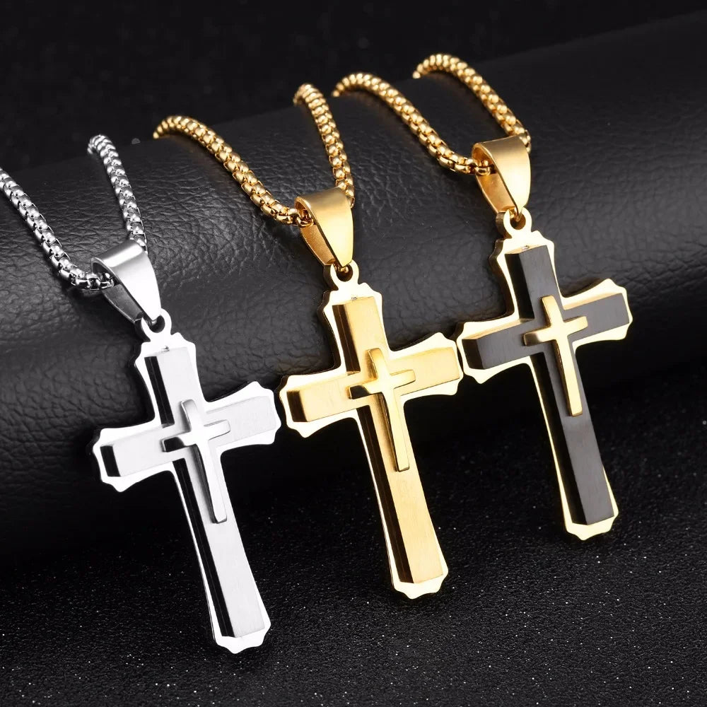 Men Necklaces & Pendants Male Cross Necklace Punk Stainless Steel Chain Fashion Jewelry White Black Golden