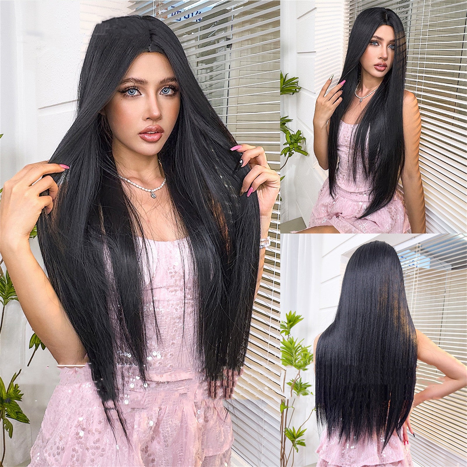 Center-Parted Wig Women'S Black Long Straight without Bangs Wig