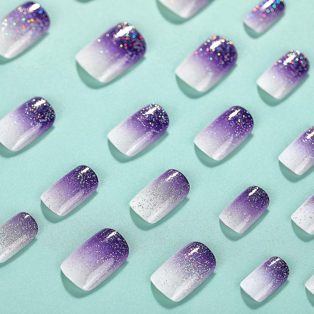 Square Press on Nails Short Fake Nails Purple Gradient Glue on Nail Glitter Acrylic Nails Glossy False Nails Press on Nails for Women and Girls 24Pcs