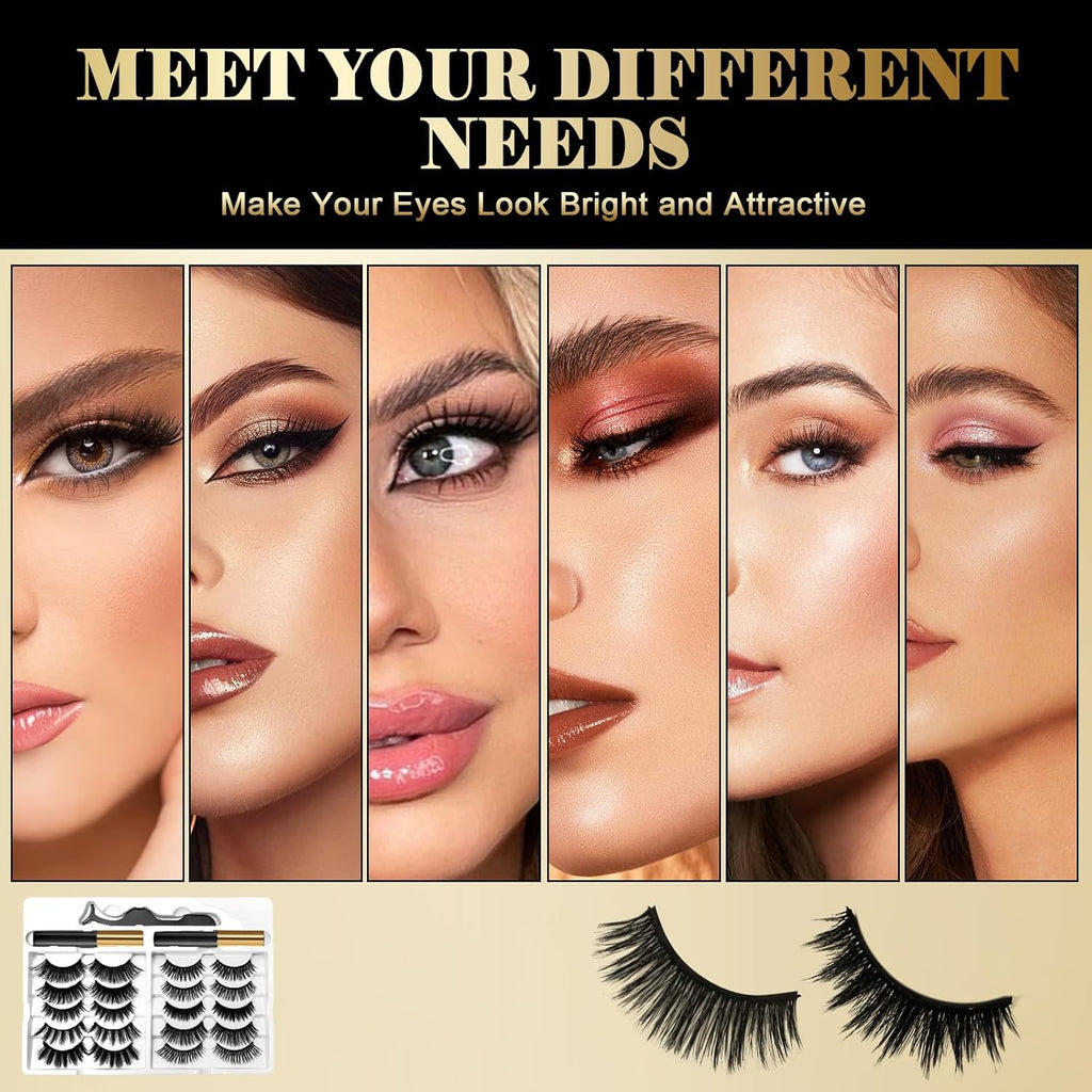Magnetic Eyelashes Kit - 10 Pairs Lightweight 3D Natural Look Magnetic Lashes with Eyeliner & Tweezers, Reusable Mink False Eyelashes, Sweatproof, No Glue Needed, Easy to Apply (10Pairs)