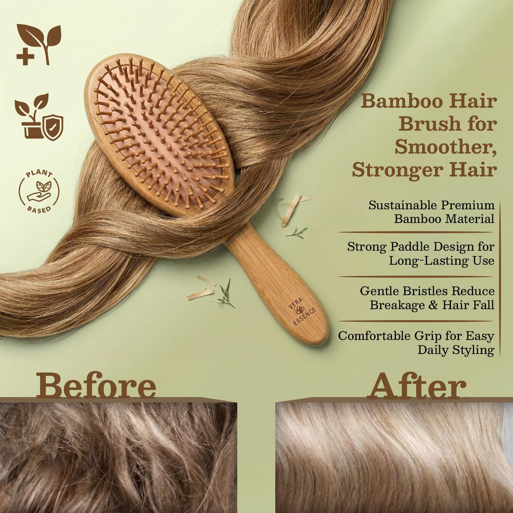 Bamboo Hair Brush for Women & Men, Wooden Paddle Brush with Rounded Bamboo Pins for Detangling, Scalp Massage & Healthy Hair Support, Ideal for Thick, Thin, Curly, Wet & Dry Hair