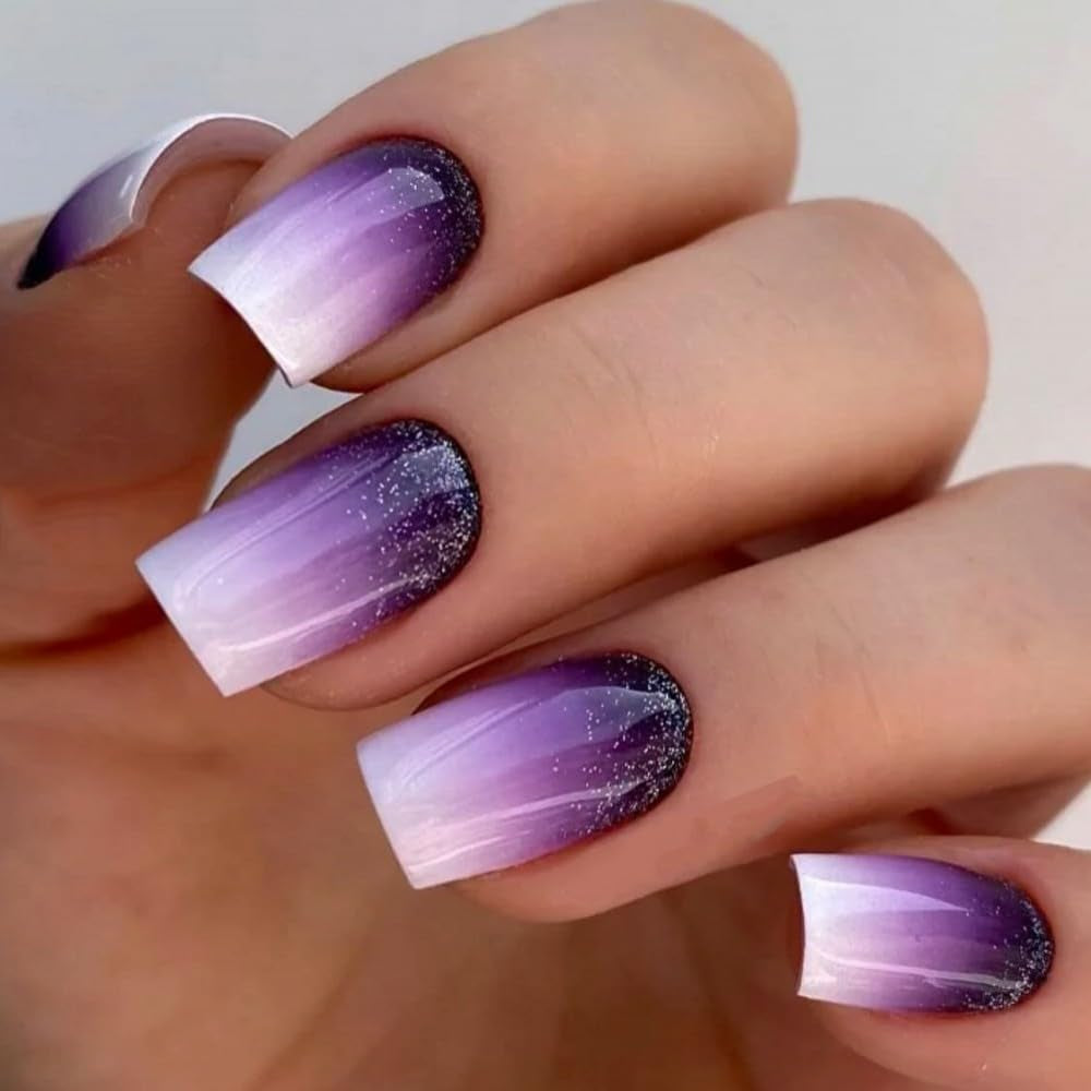 Square Press on Nails Short Fake Nails Purple Gradient Glue on Nail Glitter Acrylic Nails Glossy False Nails Press on Nails for Women and Girls 24Pcs