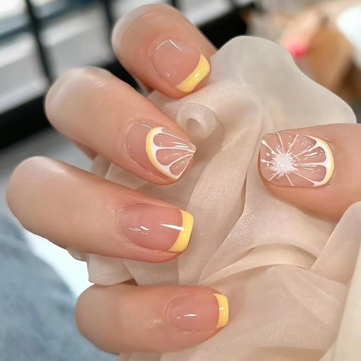 French Press Nails - 24Pcs Yellow Nude Acrylic Fruits Lemon Designs with Glossy Stick-On Short Artificial Nails