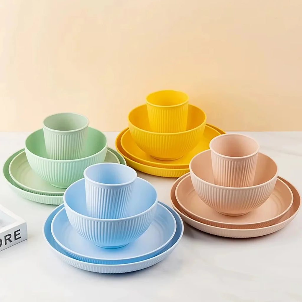 4Pcs Wheat Straw Dinnerware Set – Eco-Friendly Plate, Bowl, Cup & Dish Set, Unbreakable Kitchen Tableware for Home & Camping