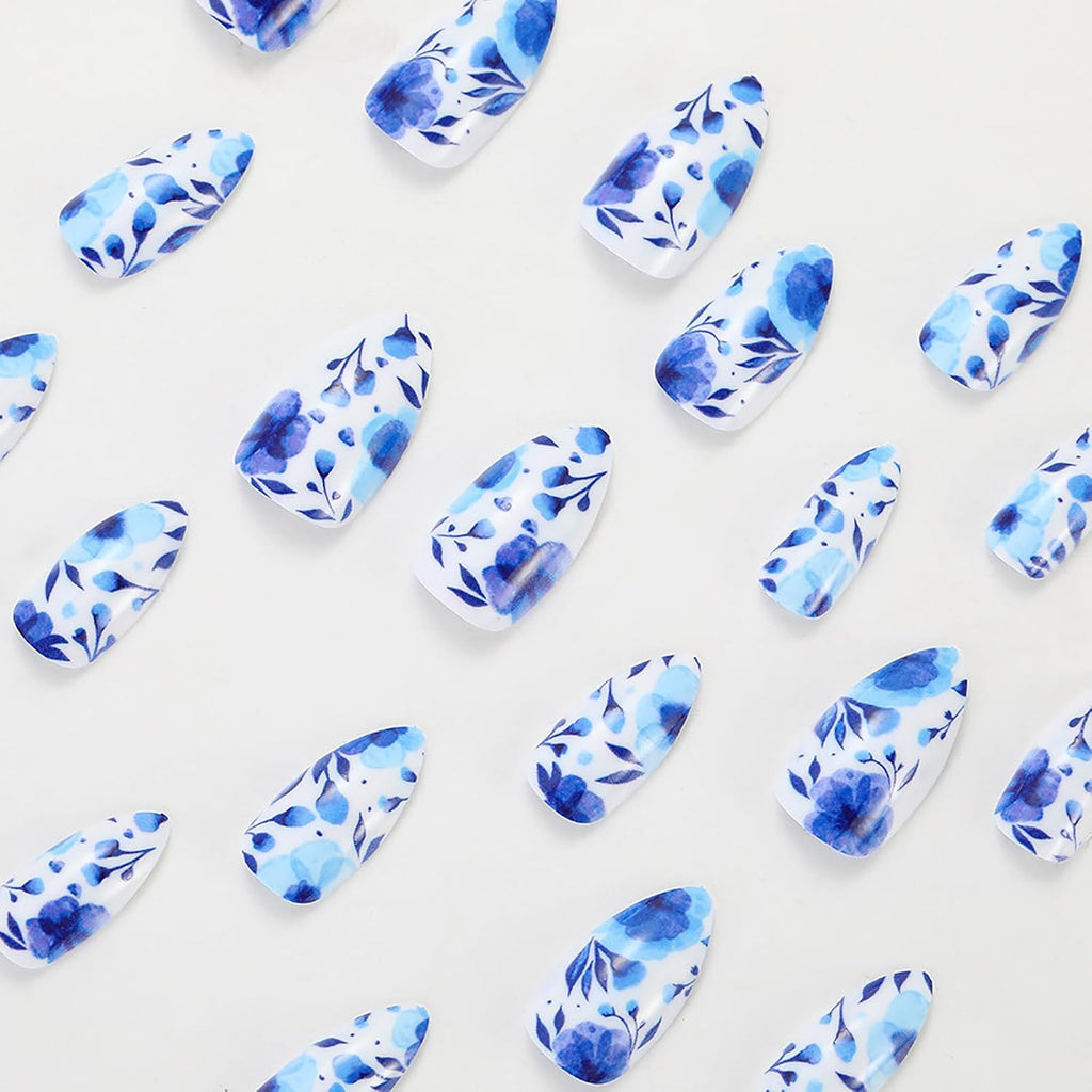 Press on Nails Almond Fake Nails Short False Nail Blue and White Porcelain Acrylic Nails Full Cover Glue on Nail Glossy Stick on Nail Floral Acrylic Press on Nails Cute/Lovely 24Pcs-12Sizes