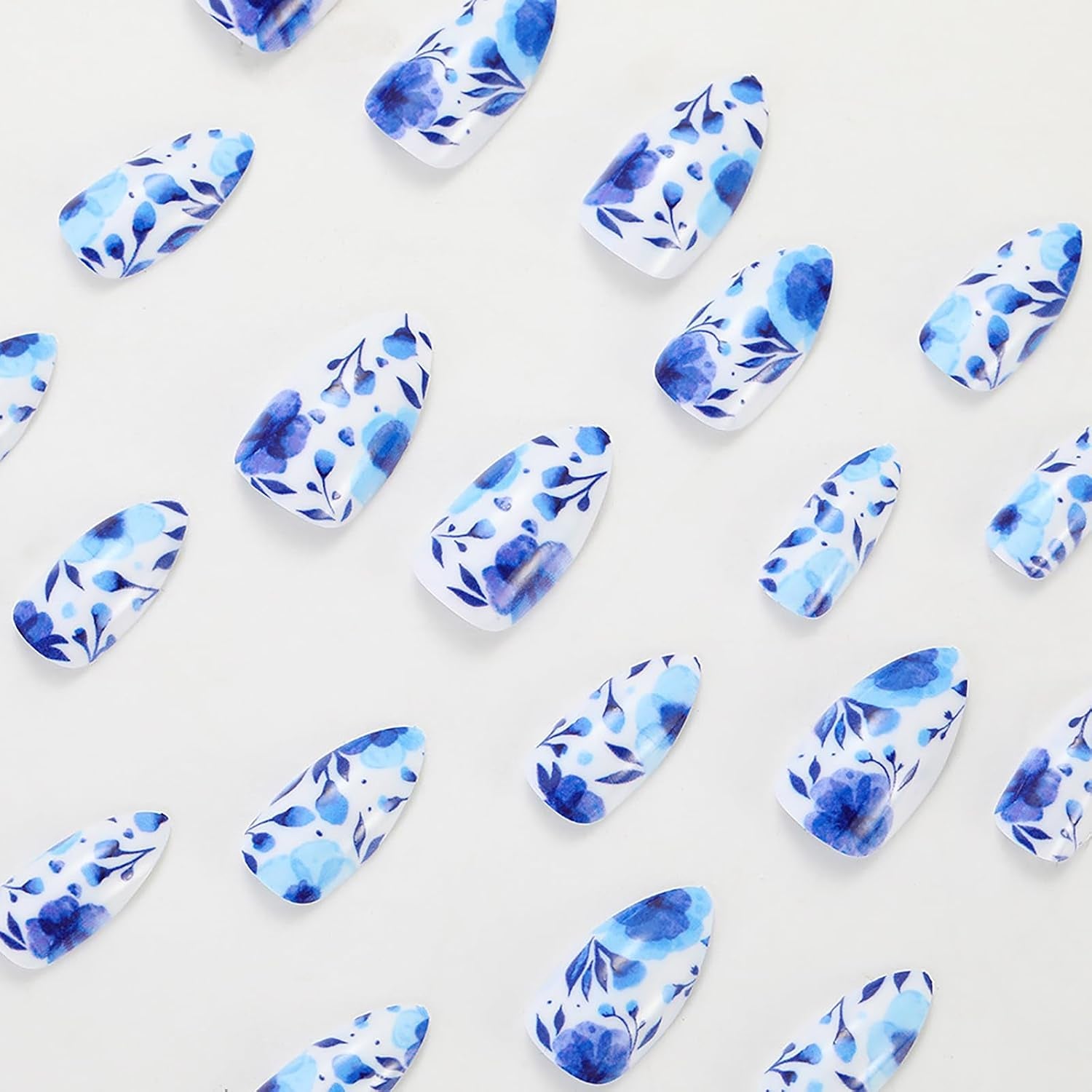 Press on Nails Almond Fake Nails Short False Nail Blue and White Porcelain Acrylic Nails Full Cover Glue on Nail Glossy Stick on Nail Floral Acrylic Press on Nails Cute/Lovely 24Pcs-12Sizes