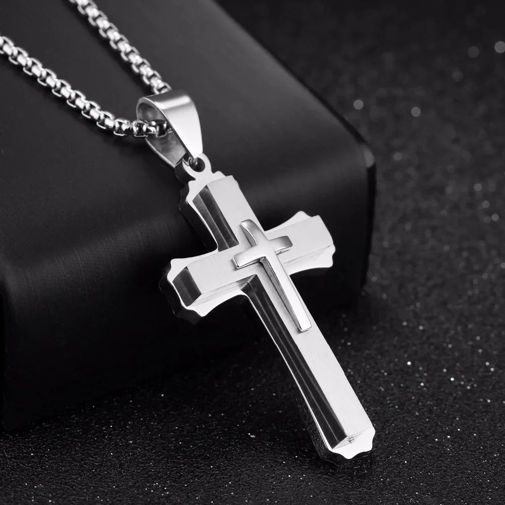 Men Necklaces & Pendants Male Cross Necklace Punk Stainless Steel Chain Fashion Jewelry White Black Golden