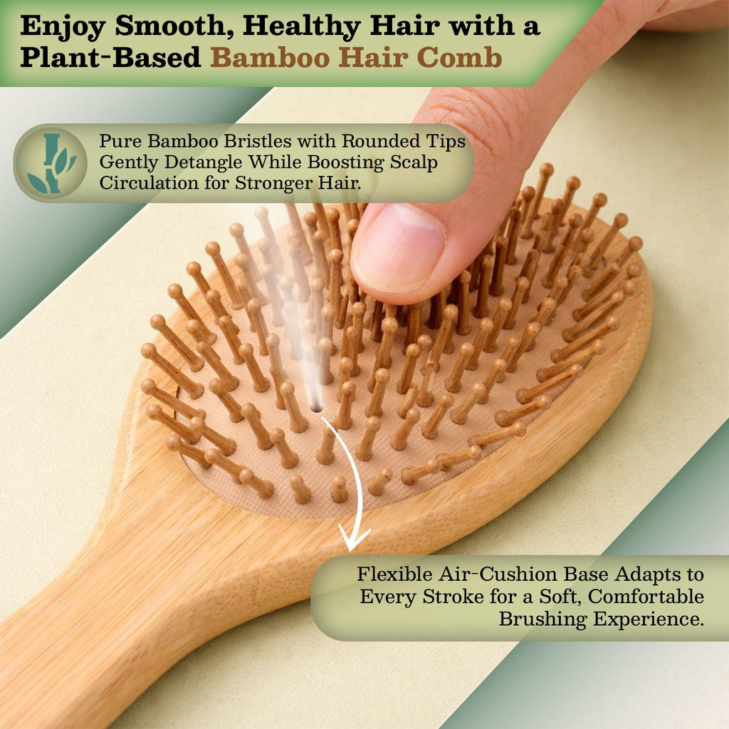 Bamboo Hair Brush for Women & Men, Wooden Paddle Brush with Rounded Bamboo Pins for Detangling, Scalp Massage & Healthy Hair Support, Ideal for Thick, Thin, Curly, Wet & Dry Hair