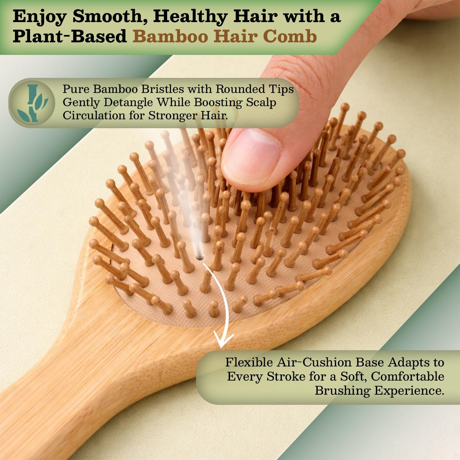 Bamboo Hair Brush for Women & Men, Wooden Paddle Brush with Rounded Bamboo Pins for Detangling, Scalp Massage & Healthy Hair Support, Ideal for Thick, Thin, Curly, Wet & Dry Hair