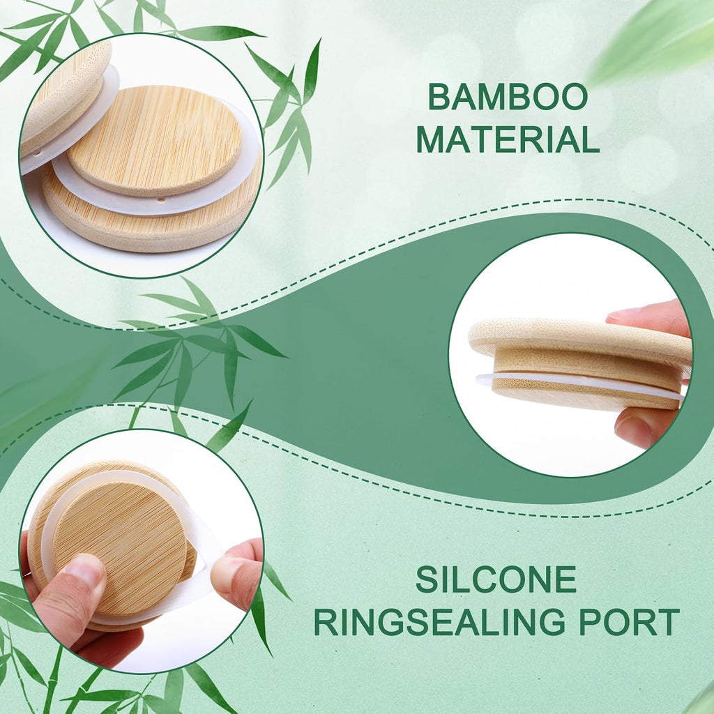 Oui Yogurt Jar Lids,  Leak Proof Wooden Lids Set with Silicone Sealing Rings, Reusable Natural Bamboo Canning Lids Covers with Bottle Label for 5 Oz Oui Yogurt Jars Storage (10 Pack)