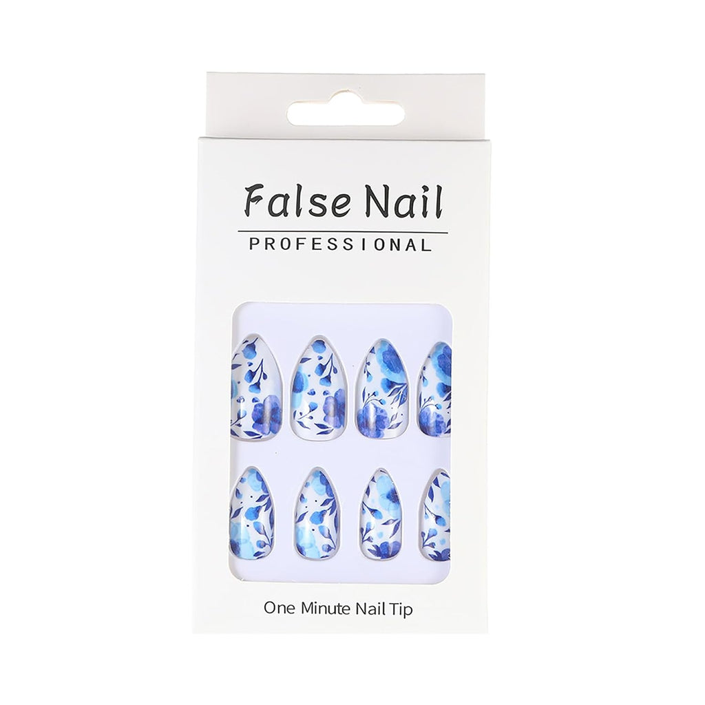 Press on Nails Almond Fake Nails Short False Nail Blue and White Porcelain Acrylic Nails Full Cover Glue on Nail Glossy Stick on Nail Floral Acrylic Press on Nails Cute/Lovely 24Pcs-12Sizes