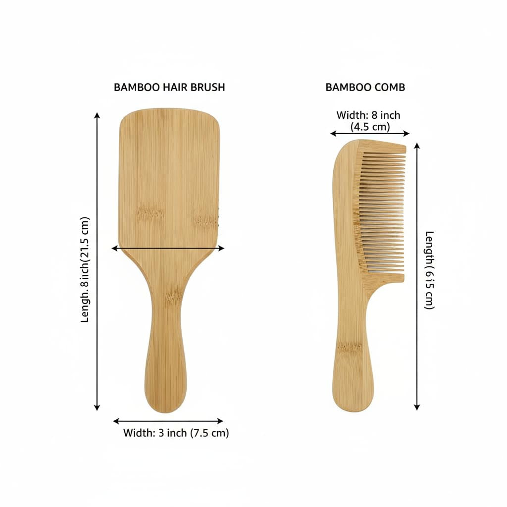 Bamboo Paddle Hairbrush Set of 2 – Eco Friendly Rectangular Bamboo Bristles Detangling Scalp Massage & Styling Natural Hair Brush Hair Growth, Plastic Free Sustainable Hair Care for Men & Women