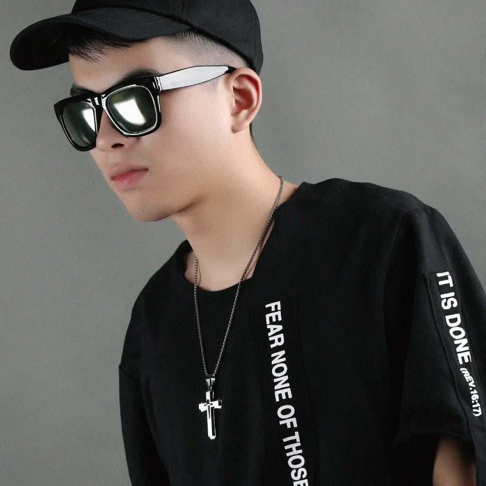 Men Necklaces & Pendants Male Cross Necklace Punk Stainless Steel Chain Fashion Jewelry White Black Golden