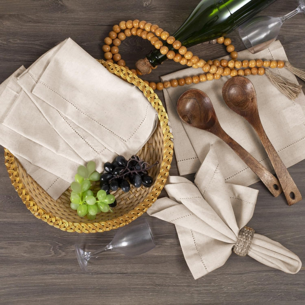 Linen Flax Cotton Cloth Dinner Napkins Set of 12 – 18X18 Natural Fabric with Hemstitched Mitered Corners – Machine Washable Wedding, Cocktail & Party Table Napkins