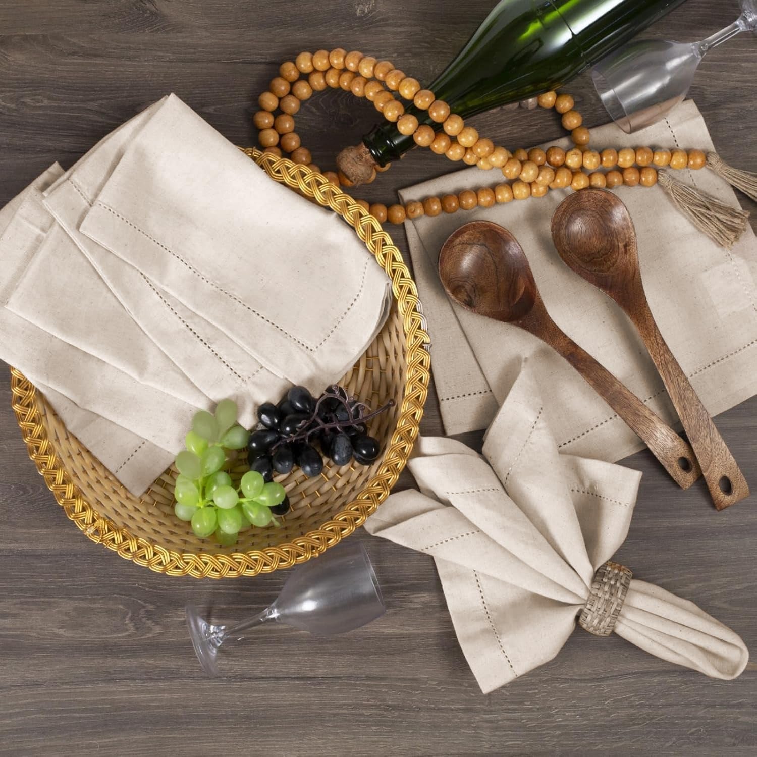 Linen Flax Cotton Cloth Dinner Napkins Set of 12 – 18X18 Natural Fabric with Hemstitched Mitered Corners – Machine Washable Wedding, Cocktail & Party Table Napkins