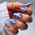 Press on Nails Almond Fake Nails Short False Nail Blue and White Porcelain Acrylic Nails Full Cover Glue on Nail Glossy Stick on Nail Floral Acrylic Press on Nails Cute/Lovely 24Pcs-12Sizes