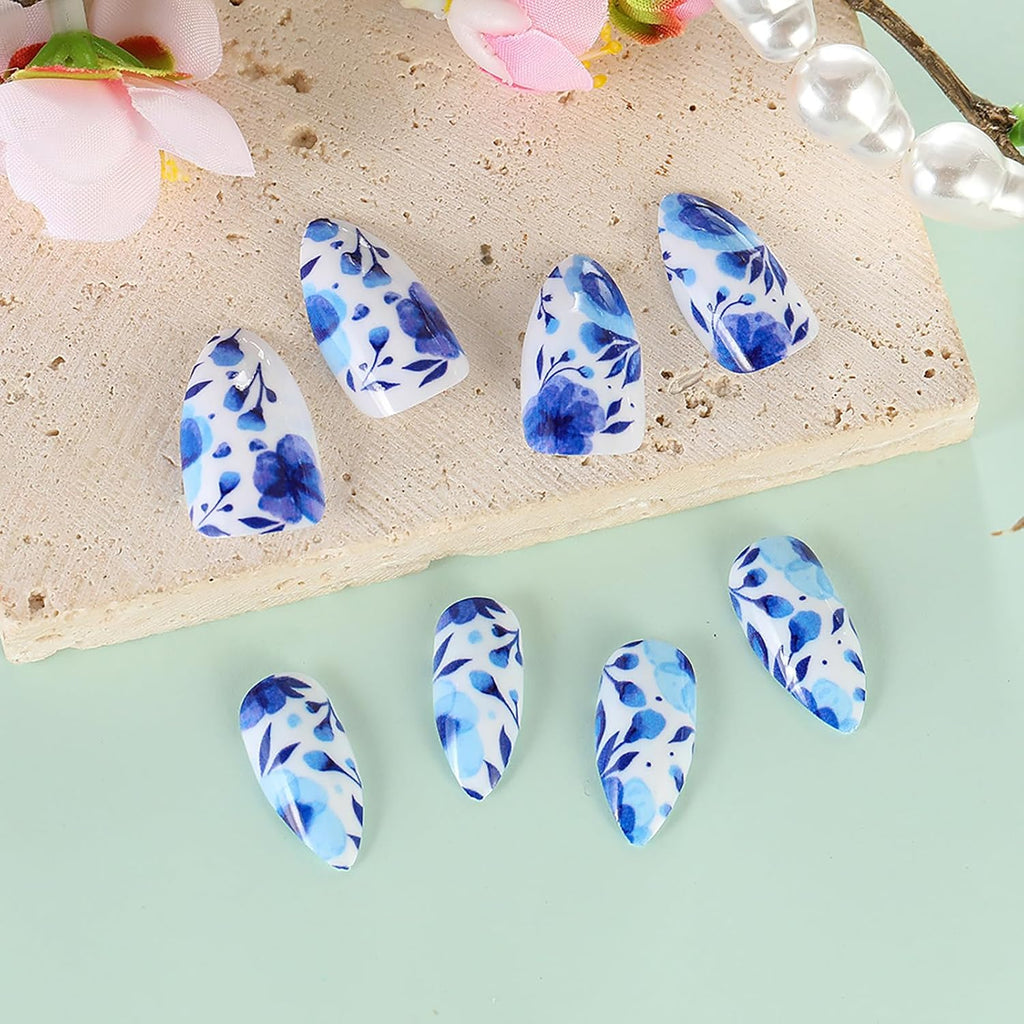 Press on Nails Almond Fake Nails Short False Nail Blue and White Porcelain Acrylic Nails Full Cover Glue on Nail Glossy Stick on Nail Floral Acrylic Press on Nails Cute/Lovely 24Pcs-12Sizes