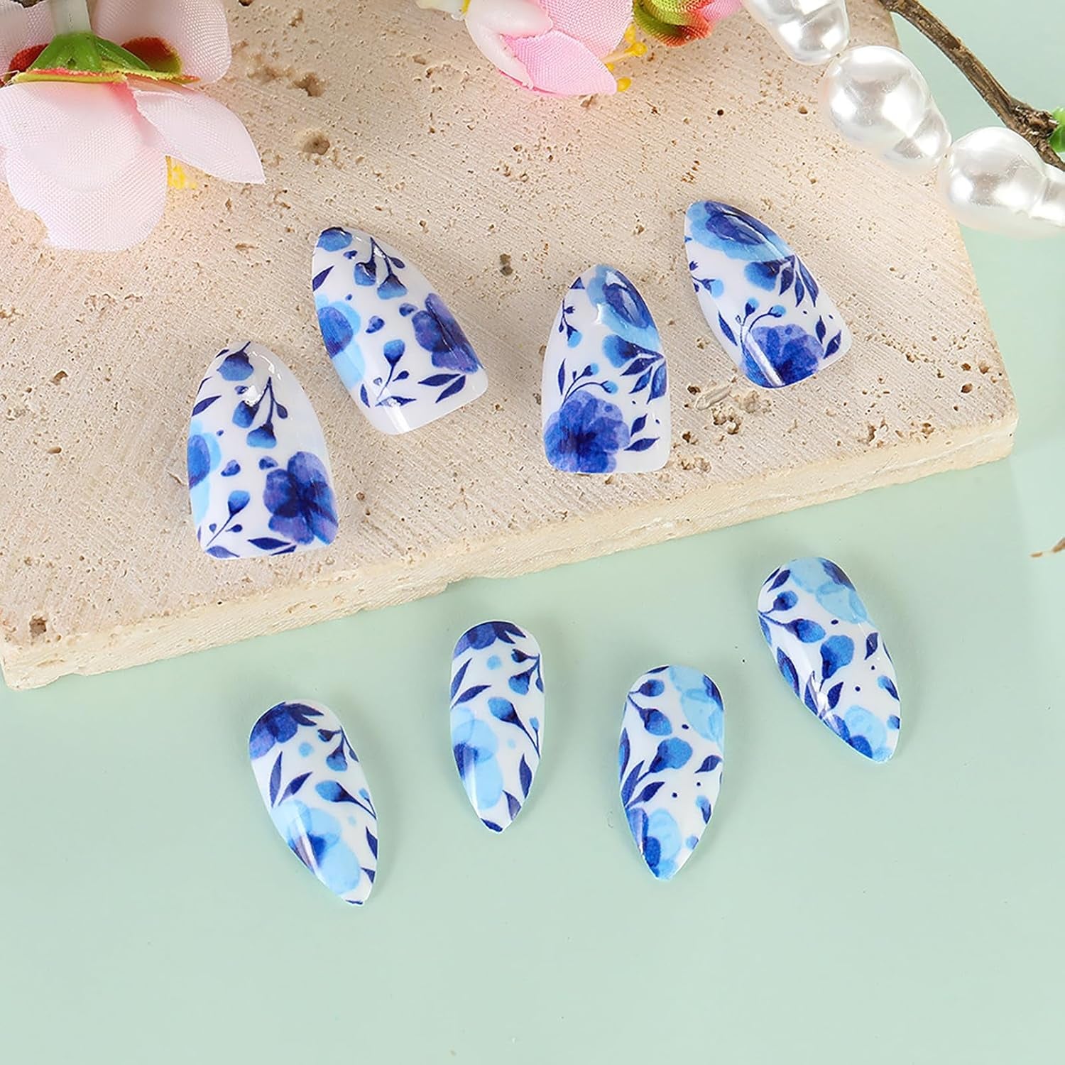 Press on Nails Almond Fake Nails Short False Nail Blue and White Porcelain Acrylic Nails Full Cover Glue on Nail Glossy Stick on Nail Floral Acrylic Press on Nails Cute/Lovely 24Pcs-12Sizes