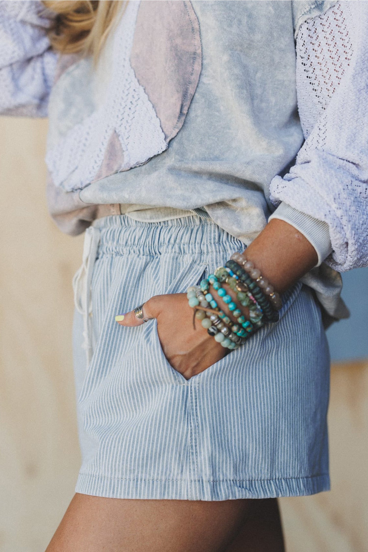 Blue Stripe Drawstring Elastic Waist Casual Denim Shorts