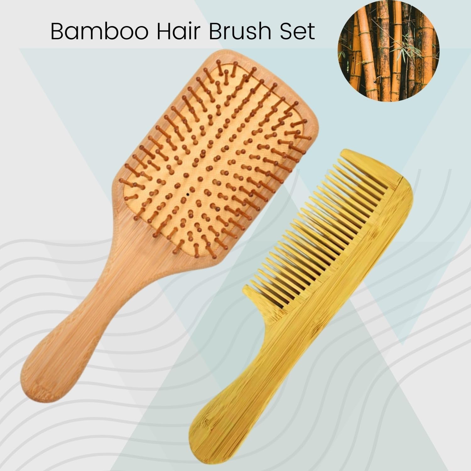 Bamboo Paddle Hairbrush Set of 2 – Eco Friendly Rectangular Bamboo Bristles Detangling Scalp Massage & Styling Natural Hair Brush Hair Growth, Plastic Free Sustainable Hair Care for Men & Women
