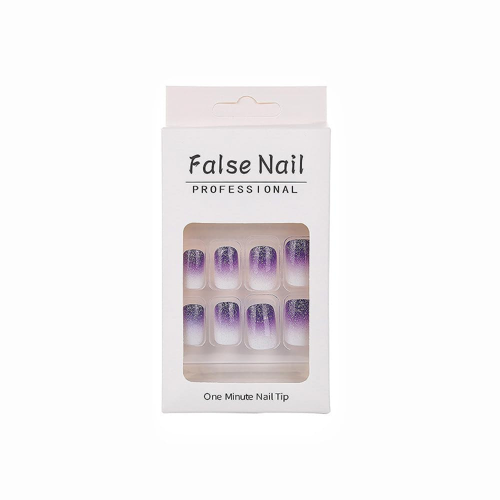 Square Press on Nails Short Fake Nails Purple Gradient Glue on Nail Glitter Acrylic Nails Glossy False Nails Press on Nails for Women and Girls 24Pcs