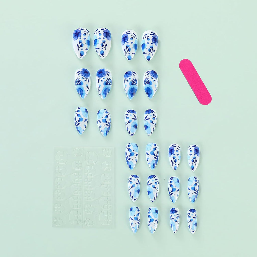 Press on Nails Almond Fake Nails Short False Nail Blue and White Porcelain Acrylic Nails Full Cover Glue on Nail Glossy Stick on Nail Floral Acrylic Press on Nails Cute/Lovely 24Pcs-12Sizes