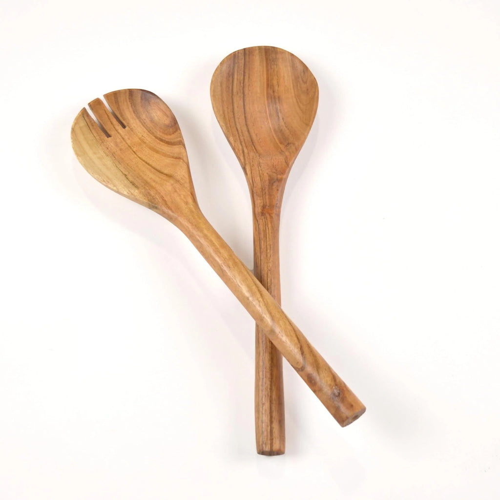The Fine Living Co. Acacia Salad Servers 11 Inches Wooden Spoon Handcrafted Kitchen Utensils for Mixing Tossing Cooking (2 Piece Set Natural)