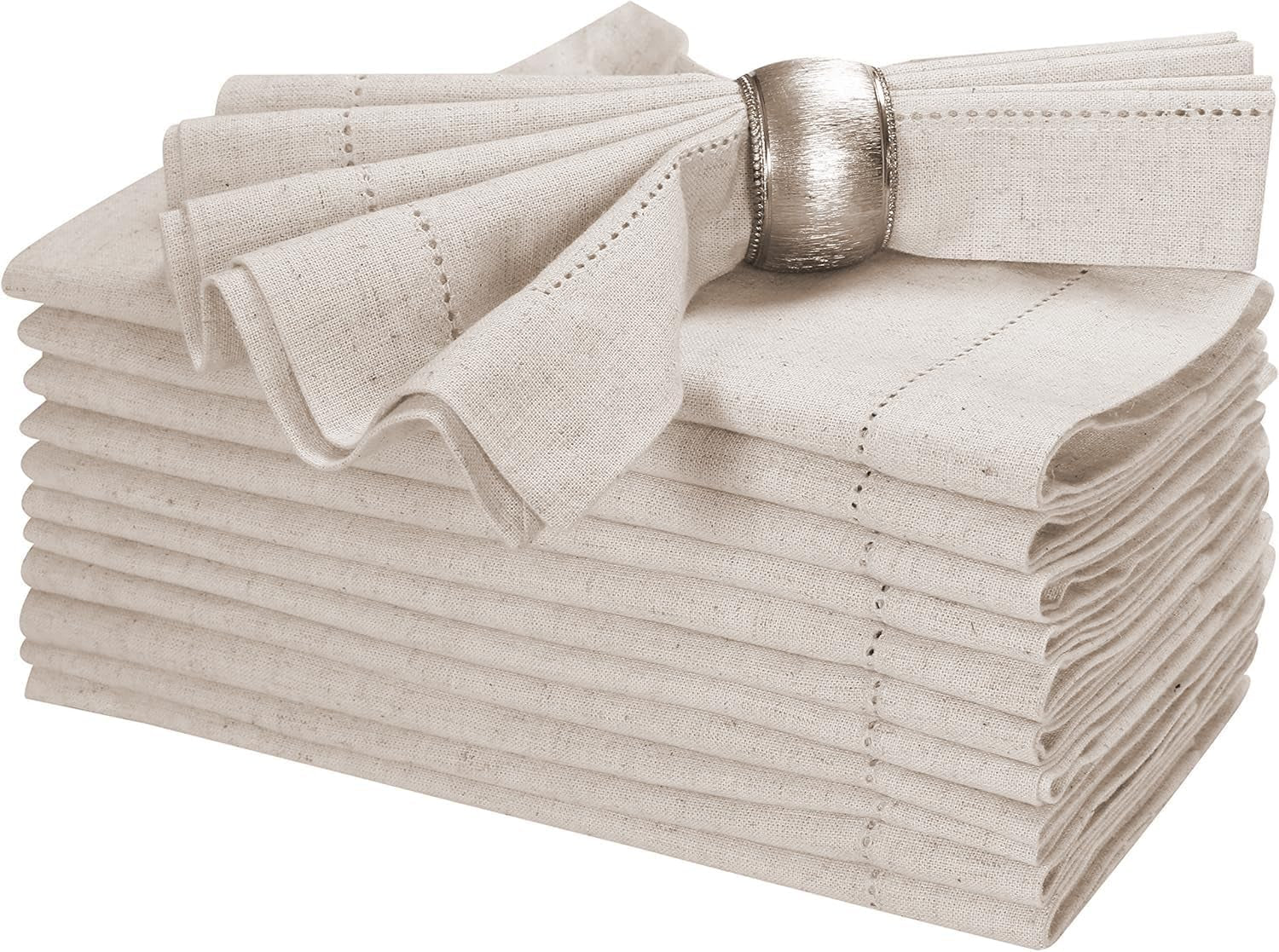 Linen Flax Cotton Cloth Dinner Napkins Set of 12 – 18X18 Natural Fabric with Hemstitched Mitered Corners – Machine Washable Wedding, Cocktail & Party Table Napkins