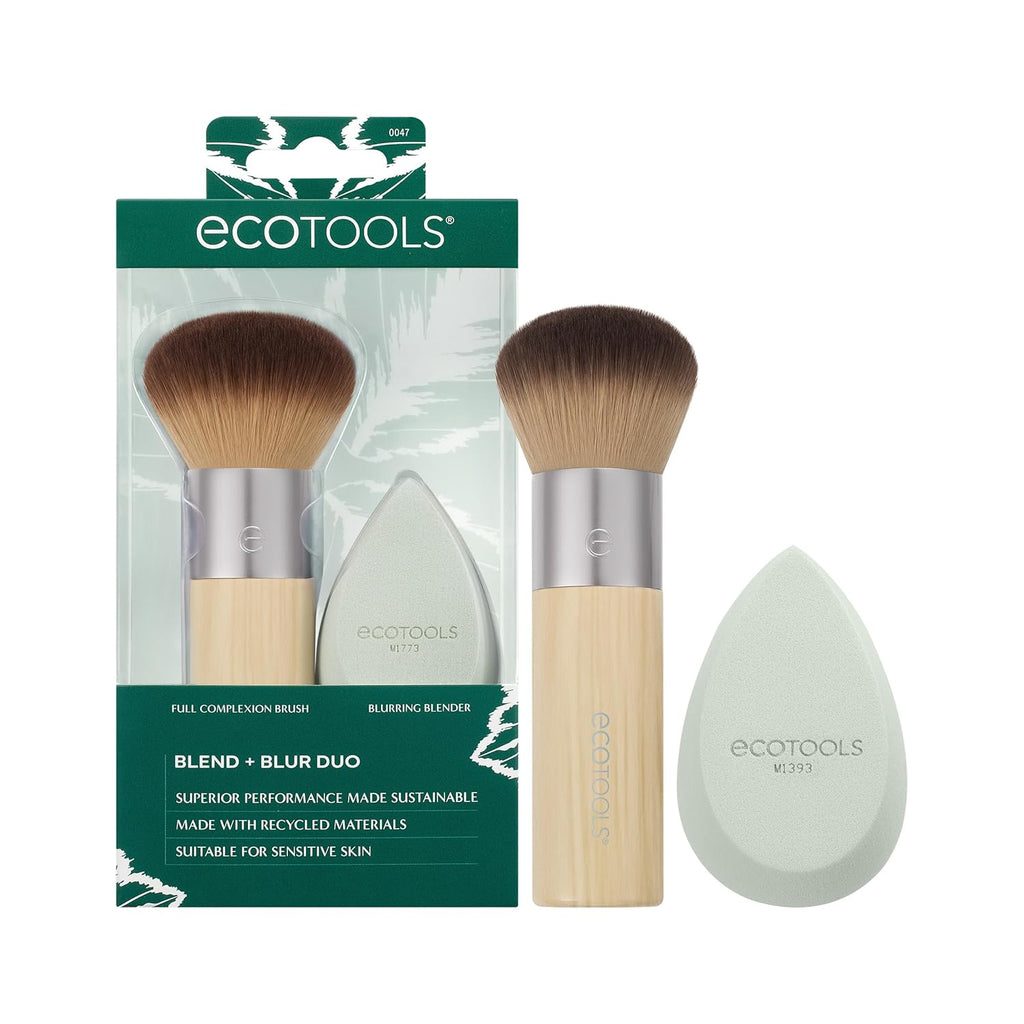 Blend + Blur Makeup Brush and Sponge Duo, Makeup Blender Sponge & Foundation Brush, for Liquid & Cream Makeup, Cloud Skin, Eco Friendly, Latex-Free, Cruelty Free, & Vegan, 2 Piece Set