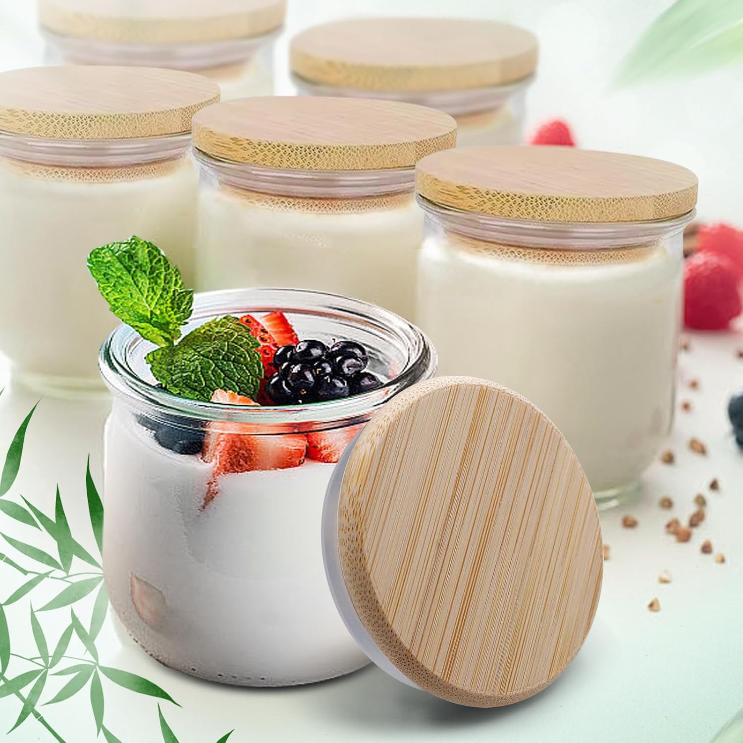 Oui Yogurt Jar Lids,  Leak Proof Wooden Lids Set with Silicone Sealing Rings, Reusable Natural Bamboo Canning Lids Covers with Bottle Label for 5 Oz Oui Yogurt Jars Storage (10 Pack)