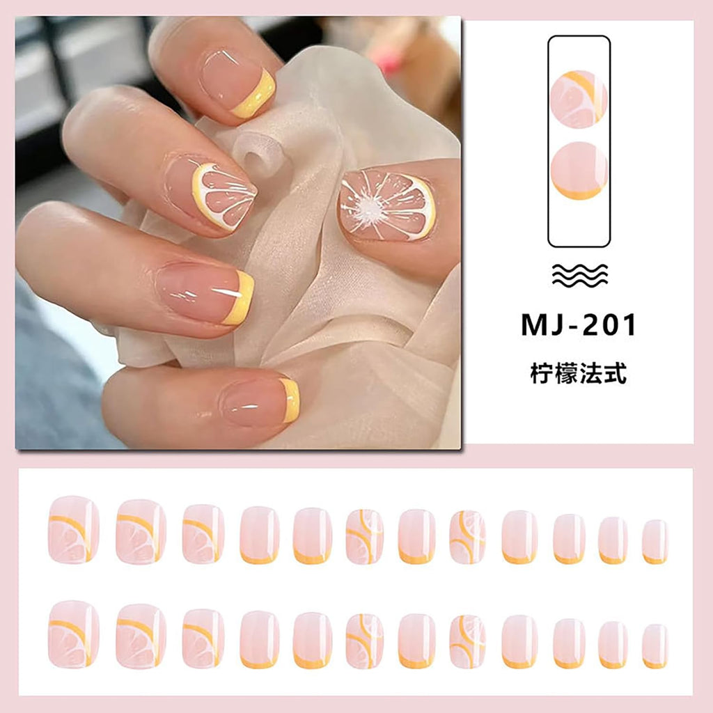 French Press Nails - 24Pcs Yellow Nude Acrylic Fruits Lemon Designs with Glossy Stick-On Short Artificial Nails