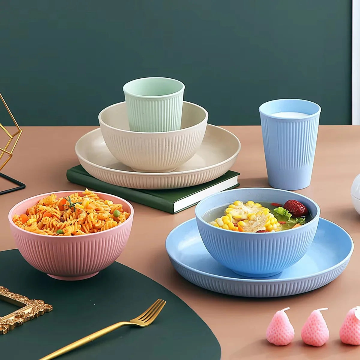 4Pcs Wheat Straw Dinnerware Set – Eco-Friendly Plate, Bowl, Cup & Dish Set, Unbreakable Kitchen Tableware for Home & Camping
