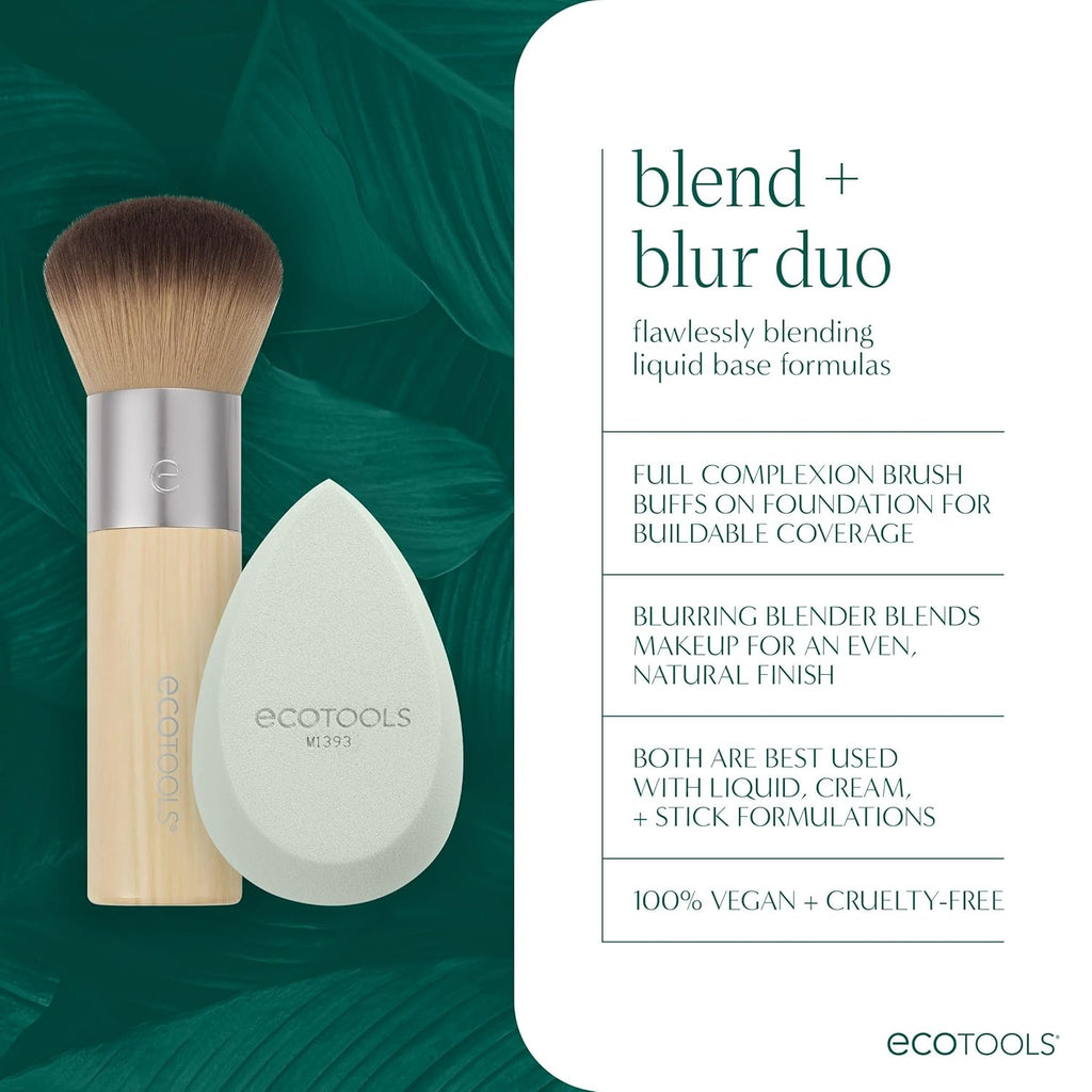 Blend + Blur Makeup Brush and Sponge Duo, Makeup Blender Sponge & Foundation Brush, for Liquid & Cream Makeup, Cloud Skin, Eco Friendly, Latex-Free, Cruelty Free, & Vegan, 2 Piece Set