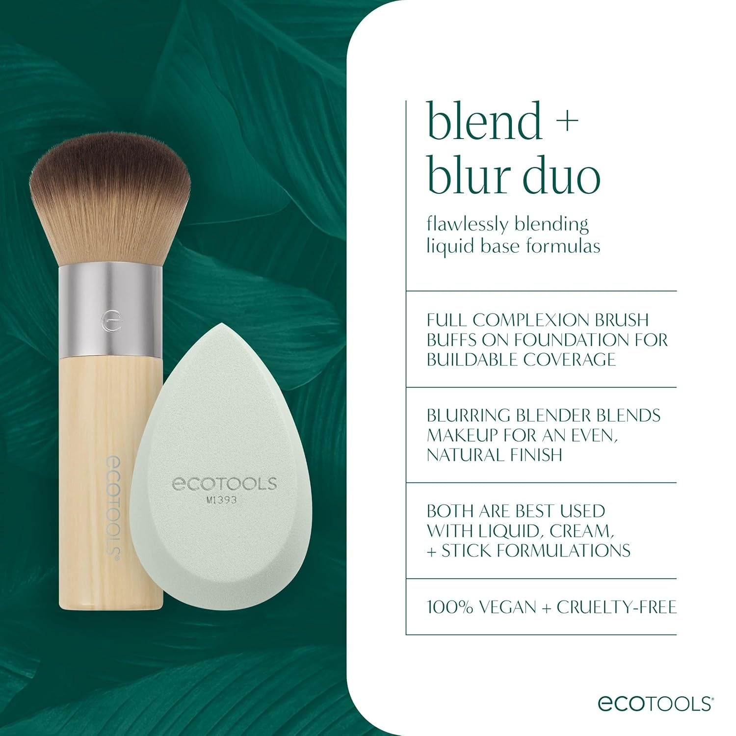 Blend + Blur Makeup Brush and Sponge Duo, Makeup Blender Sponge & Foundation Brush, for Liquid & Cream Makeup, Cloud Skin, Eco Friendly, Latex-Free, Cruelty Free, & Vegan, 2 Piece Set