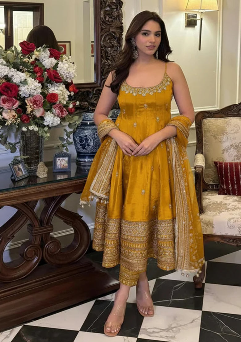 Yellow Embroiered Silk Anarkali set